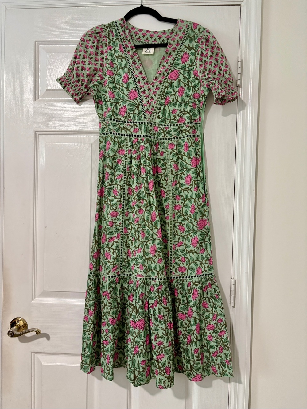 Pink & Green Floral V-Neck Puff Sleeve Midi Dress